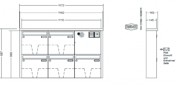 RENZ Briefkastenanlage Aufputz Tetro Kastenformat 370x330x145mm, mit Klingel - & Lichttaster und Vorbereitung Gegensprechanlage, 5-teilig